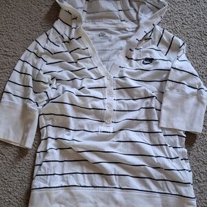 Nike White and Black Striped Pullover Hoodie Size M